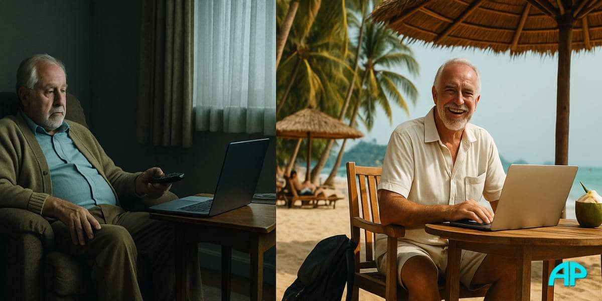 Split-screen image of an older man in traditional retirement watching TV on one side and enjoying digital nomad life at a beach café on the other.