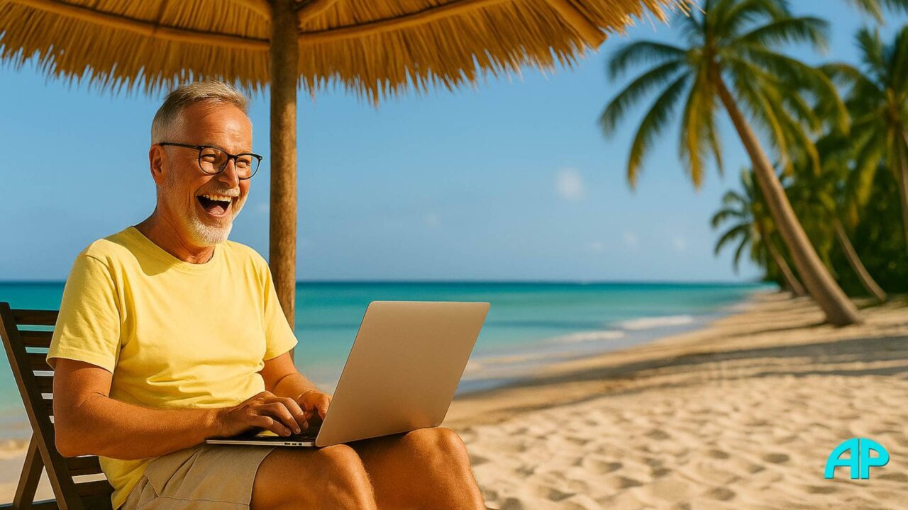 Smiling retiree using a laptop under a beach umbrella, showcasing the travel and earn lifestyle in a tropical setting.