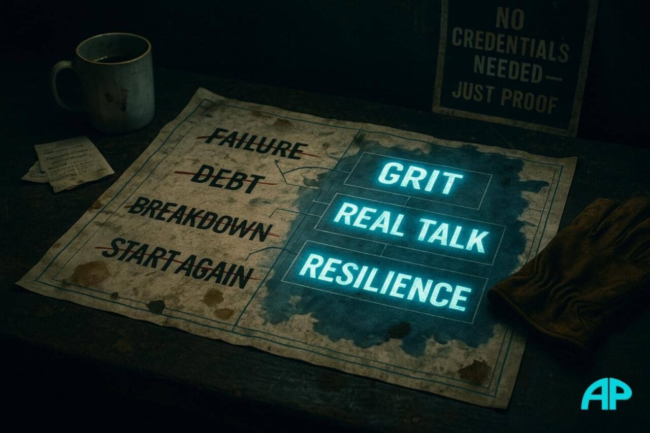 A stained blueprint on a dark workshop bench shows words like “Failure,” “Debt,” and “Breakdown” crossed out, while “Grit,” “Real Talk,” and “Resilience” glow in electric blue. A faded sign nearby reads: “No Credentials Needed — Just Proof.”