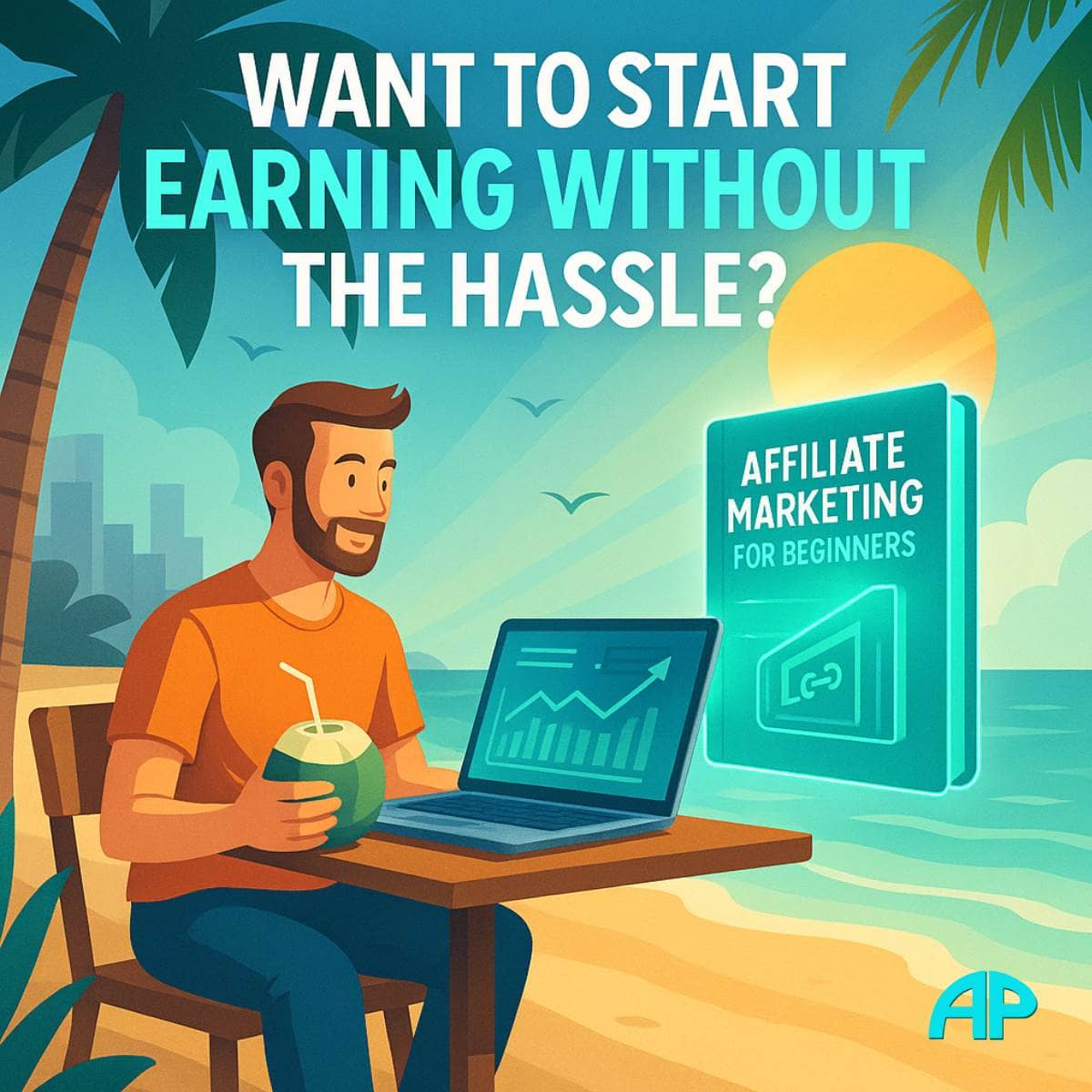 A smiling man sits at a beachside café, working on a laptop while drinking coconut water. A glowing digital book titled "Affiliate Marketing for Beginners" floats beside him, symbolizing freedom and ease of earning online without stress.