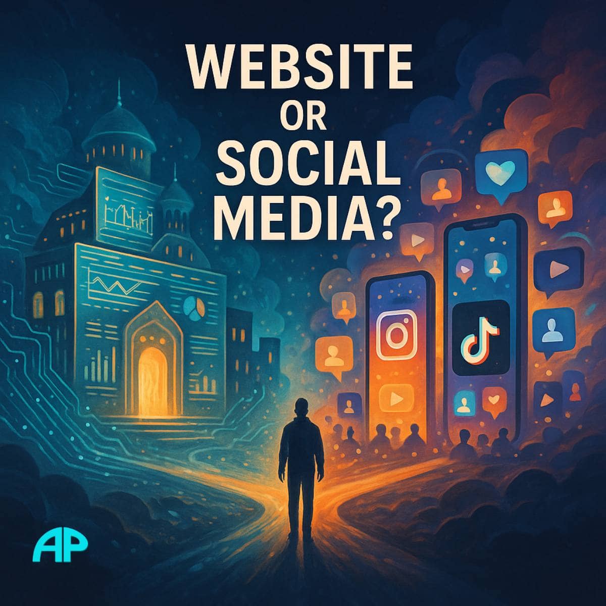 A lone figure stands at a glowing crossroads between a digital castle representing a website and a vibrant cityscape of towering smartphones with Instagram, YouTube, and TikTok logos, under the bold text "Website or Social Media?"