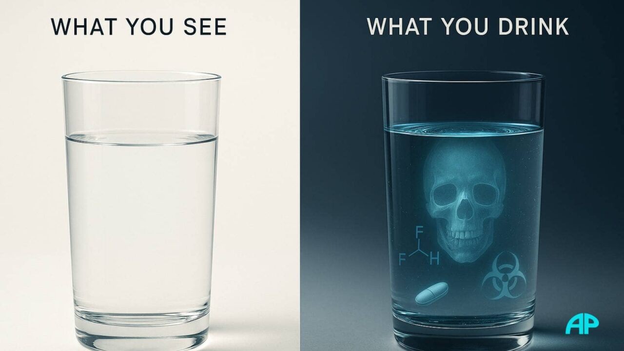 Split-screen image of two glasses of water: one clear, the other revealing hidden dangers like a skull and chemical symbols.