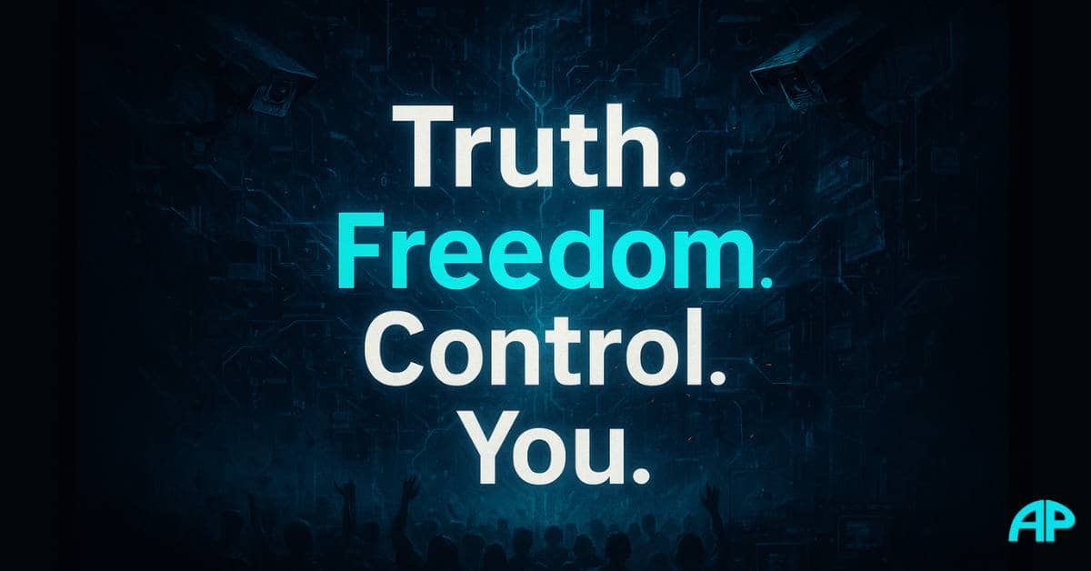 Digital artwork illustrating what freedom really means with bold text and a futuristic background symbolizing control, resistance, and awakening.