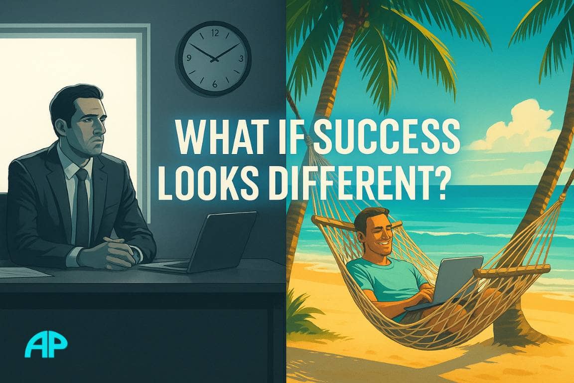 Split image showing a man in a grey office suit on the left and the same man in beachwear working from a hammock on the right, illustrating the concept: what if success looks different.