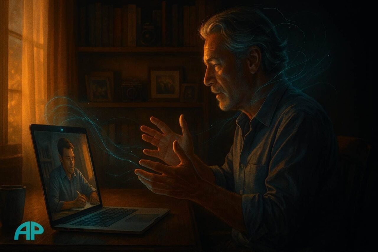 An older man mid-gesture during a golden-hour video call, glowing turquoise light and swirling lines symbolizing wisdom transfer to a younger man onscreen.