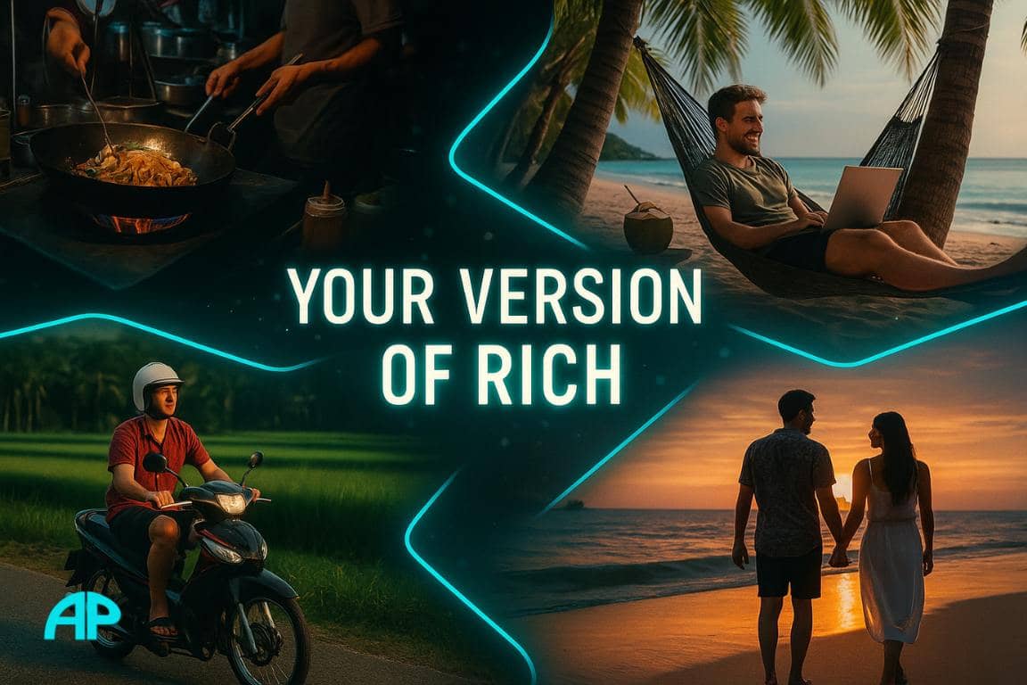 Collage showing pad thai street food, a man working from a hammock with a coconut, a scooter ride past rice fields, and a couple walking on the beach at sunset. Text reads: Your Version of Rich.