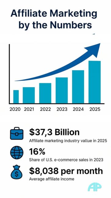 Bar chart infographic titled “Affiliate Marketing by the Numbers” showing market size, earnings, and adoption rates.