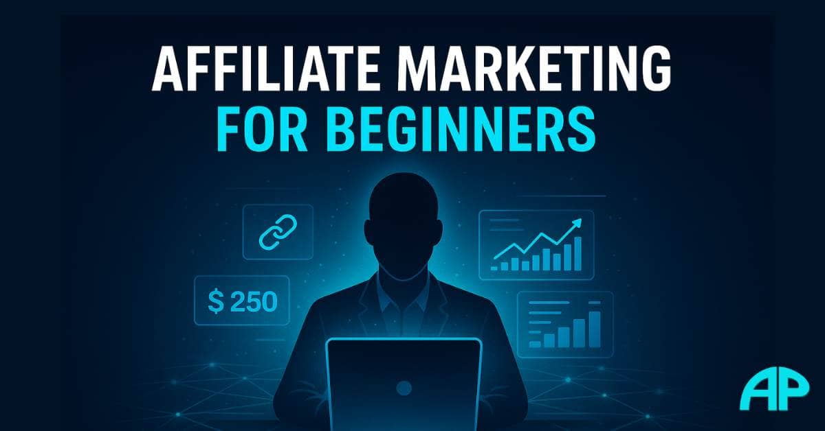 Faceless figure at laptop surrounded by digital income icons, with bold title "Affiliate Marketing for Beginners" on a dark blue tech-inspired background.