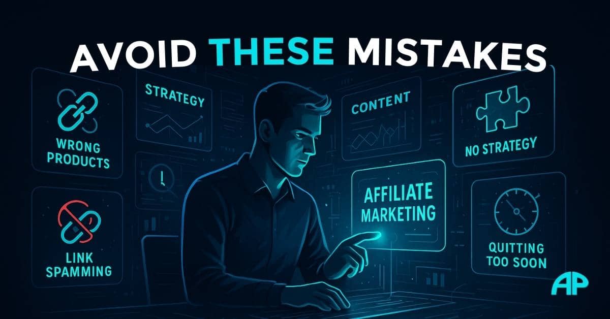 A focused marketer at a futuristic holographic desk surrounded by glowing digital panels highlighting common affiliate marketing mistakes to avoid, including promoting wrong products, link spamming, ignoring audience, no strategy, and quitting too soon. The dark navy background with bright turquoise accents conveys digital growth and professionalism.