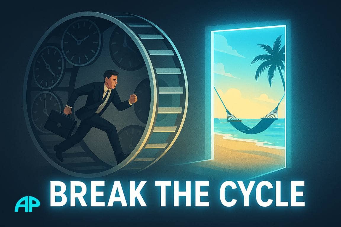 A businessman runs in a giant hamster wheel made of clock faces, while a glowing doorway reveals a beach with a hammock. Text reads “Break the Cycle.”