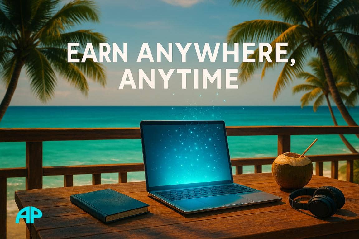 A laptop glows on a wooden balcony table beside a journal, headphones, and a coconut, set against a turquoise ocean with palm trees. Title overlay reads: Earn Anywhere, Anytime.