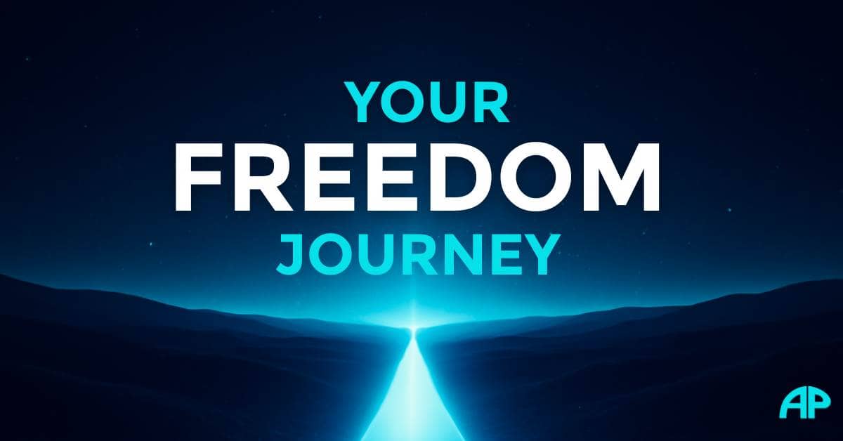A futuristic, minimalist landscape under a starry navy sky, with a glowing turquoise path stretching toward the horizon, symbolizing the journey to freedom.