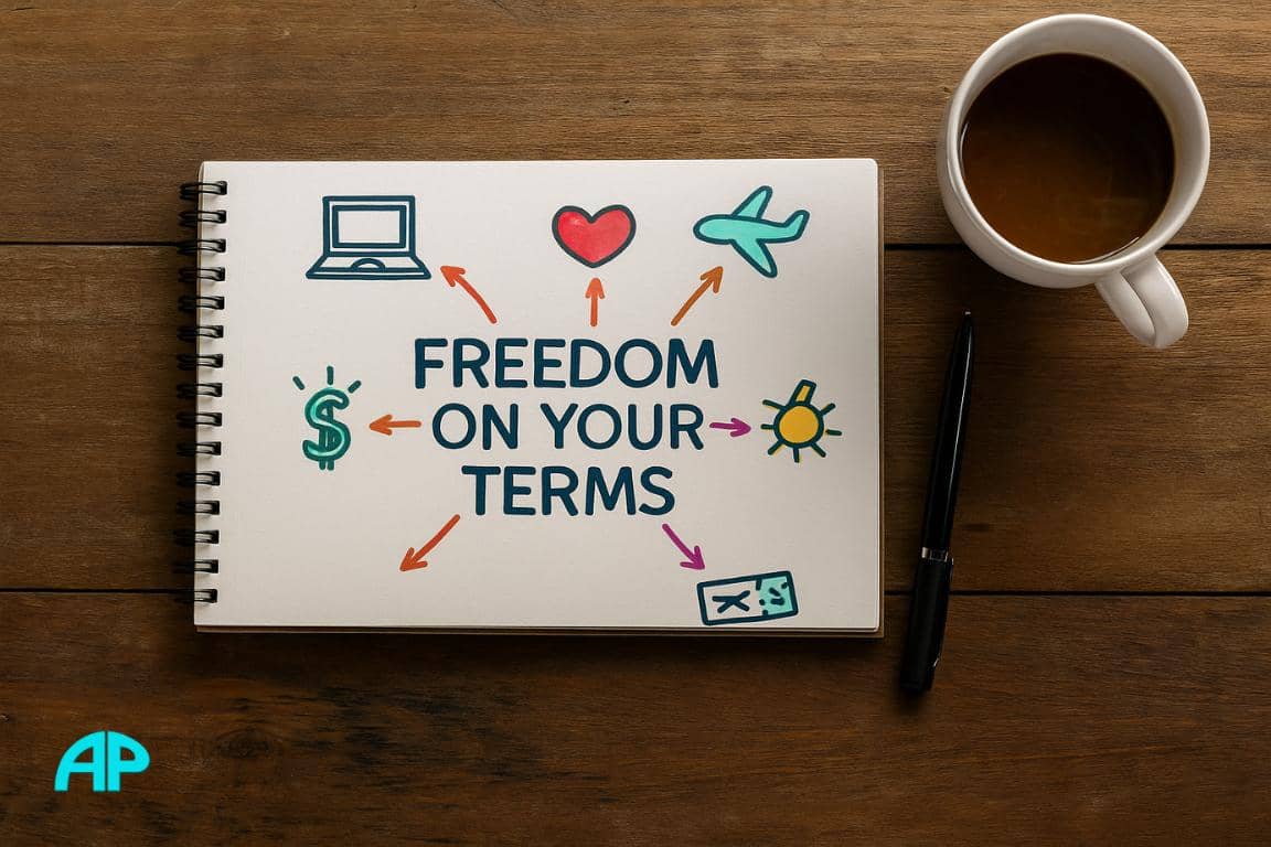 An open notebook on a rustic wooden desk displays a hand-drawn mind map with icons of a laptop, heart, sun, plane, and dollar sign, all pointing to the center text: Freedom on Your Terms. A pen rests nearby, and a coffee cup steams in the corner.