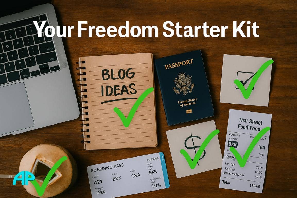 Flat lay of essentials on a wooden surface including an open laptop, journal labeled “Blog Ideas,” passport, boarding pass, Thai street food receipt, and a sketch of a dollar sign. Each item is marked with a bright green tick. Title overlay: Your Freedom Starter Kit.