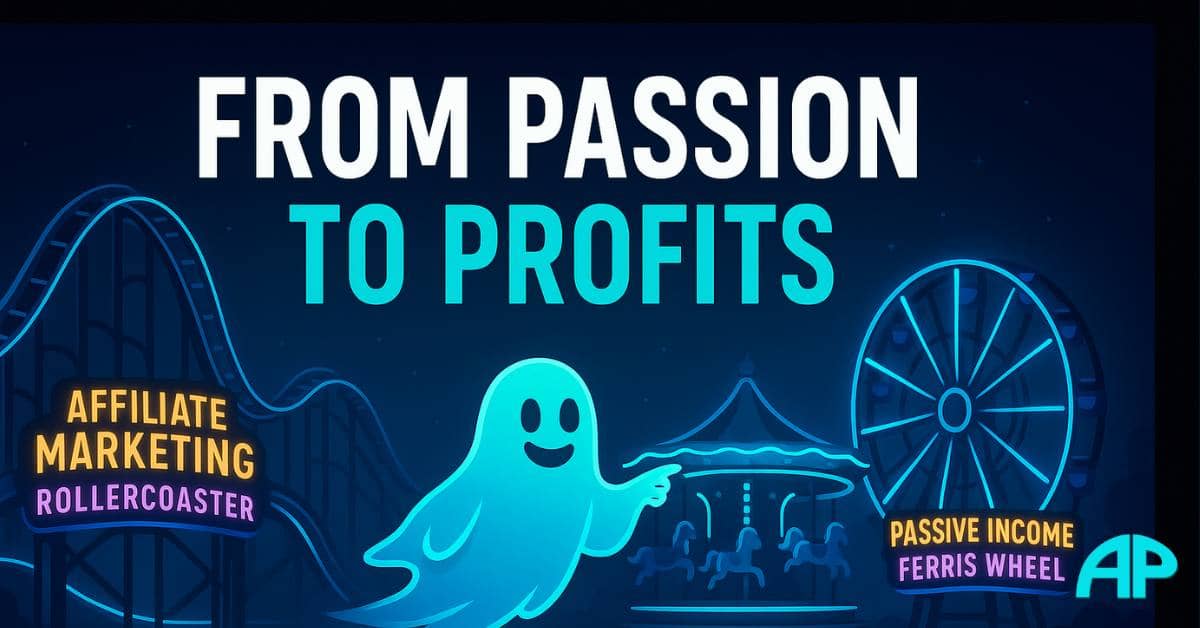 A glowing neon amusement park at night showcasing ghost commerce concepts like affiliate marketing, automation, and passive income with a bold central title “From Passion to Profits.”
