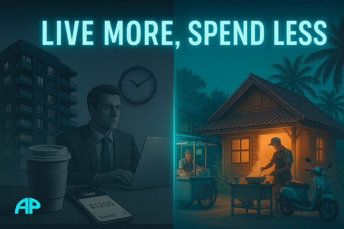Split-screen illustration showing a businessman working in a cold-toned city apartment on the left, and a vibrant tropical bungalow scene with a street vendor and scooter on the right. The image is titled Live More, Spend Less.