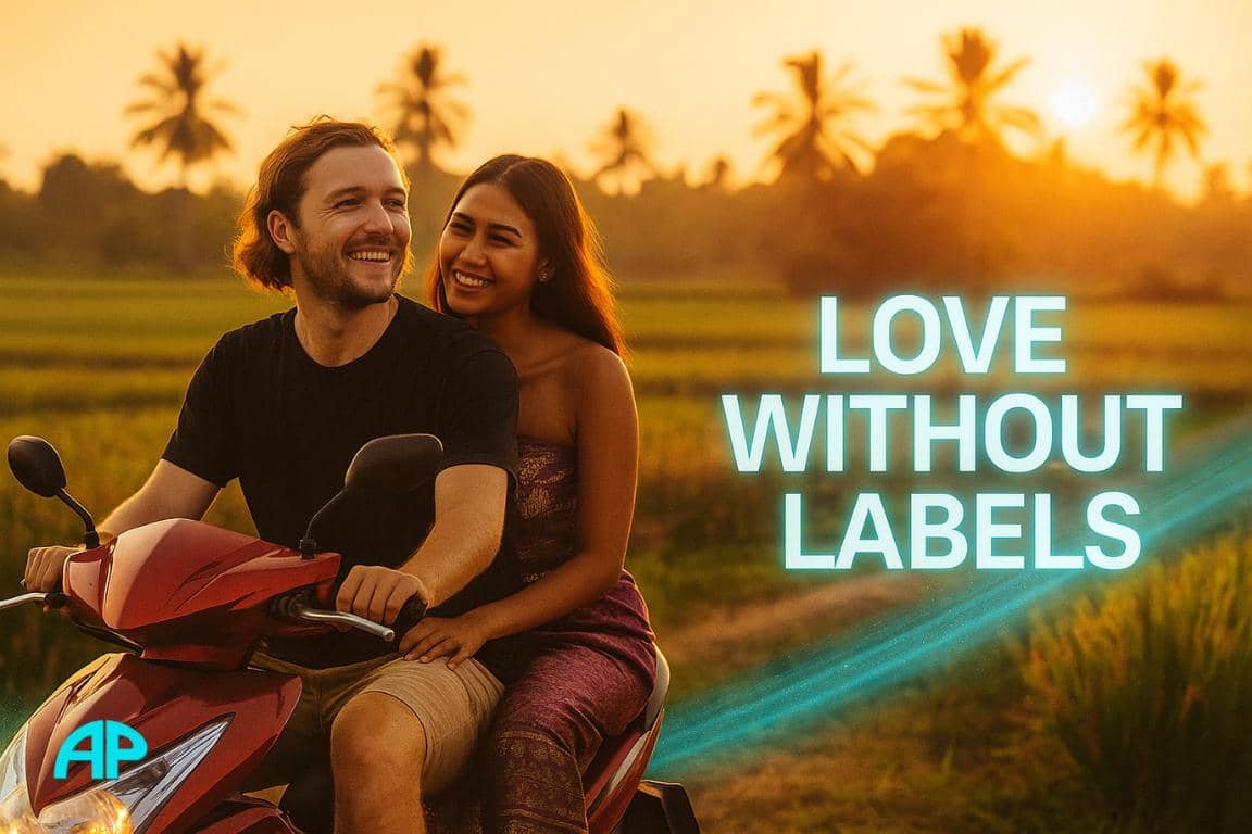 A couple rides a red scooter through golden rice fields at sunset. She wears traditional Thai clothing, he’s relaxed in casual wear. Both are laughing. Cyan text reads: Love Without Labels.