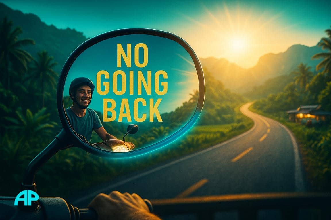 A rearview mirror on a scooter shows a smiling traveler riding through tropical jungle hills. Ahead, the open road winds upward into a glowing sunrise. The mirror reads: No Going Back.
