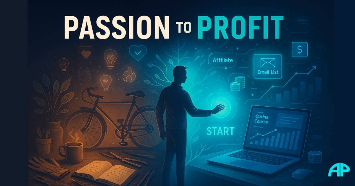A digital illustration showing a creative workspace evolving into a modern digital business setup, symbolizing the journey from passion to profit.