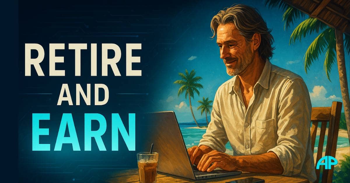 Middle-aged man working on a laptop at a beach café, representing retiree business ideas for online income and freedom.