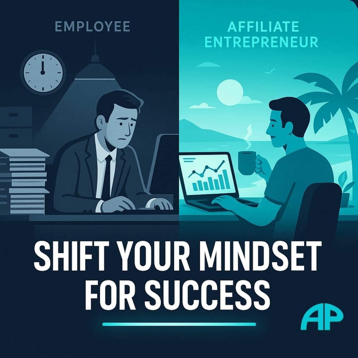 Split-screen graphic contrasting 9–5 employee life with digital entrepreneur freedom, highlighting the need to shift your mindset.