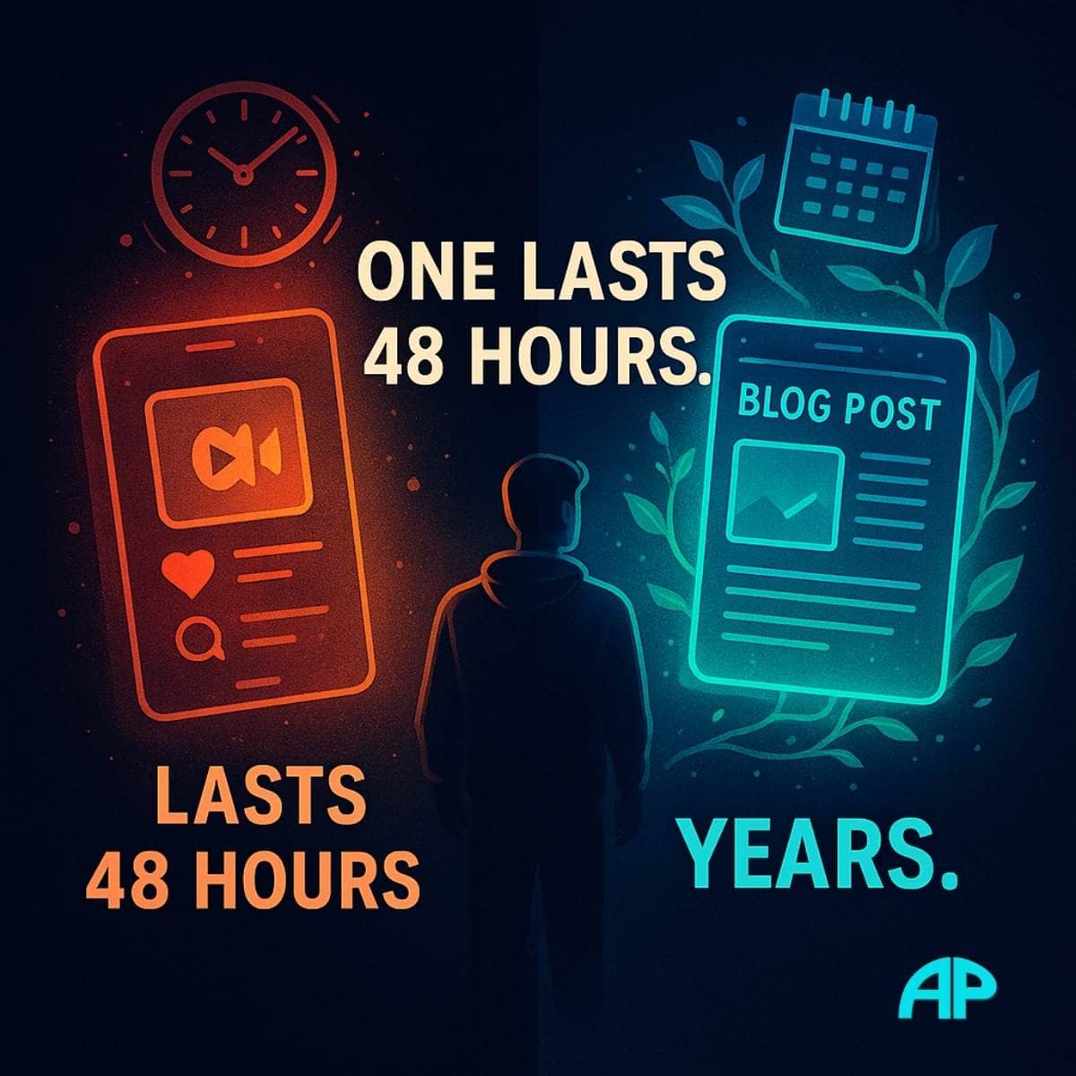 Digital comparison showing a fading social post versus a glowing blog post growing over time, representing the contrast in social reach longevity.