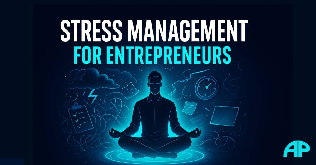 Illustration of entrepreneur meditating with chaos around him, representing stress management