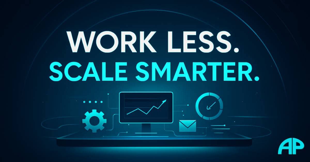 Futuristic digital illustration with bold text "Work Less. Scale Smarter." highlighting principles of sustainable growth.