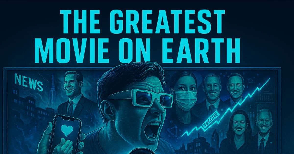 The Greatest Movie on Earth – And You’re the Star Illustration representing The Greatest Movie on Earth, featuring a man in 3D glasses overwhelmed by propaganda on glowing screens—symbolizing how the greatest movie on Earth is modern life itself, controlled and curated by unseen hands.