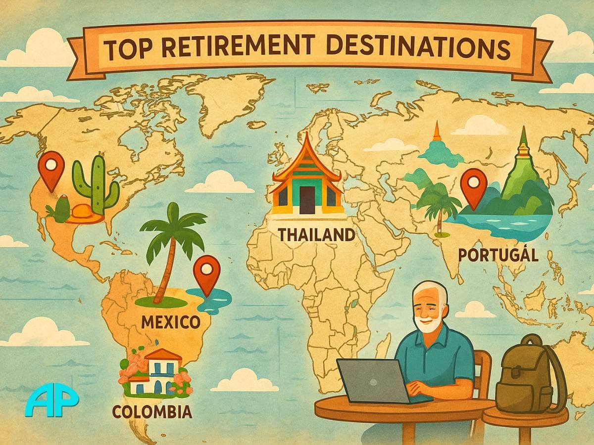 Illustrated world map highlighting top retirement destinations like Thailand, Portugal, Mexico, Panama, Vietnam, and Colombia.