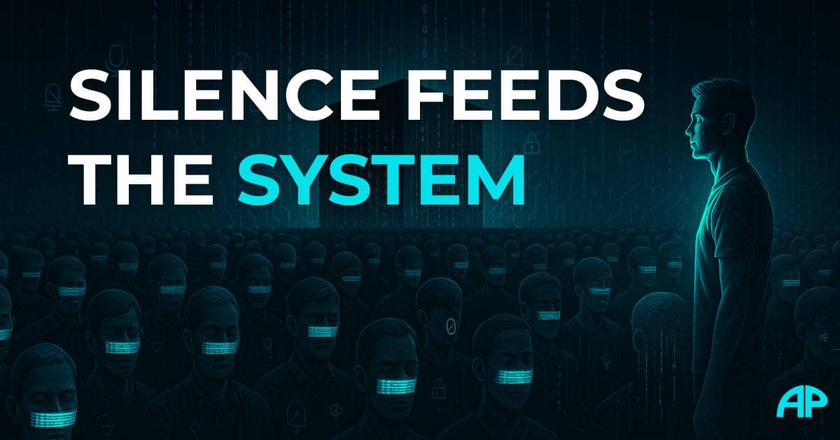 A digital dystopian scene showing rows of masked figures connected to a dark system cube, with one individual breaking free — visualizing why obedience feels safer than truth.
