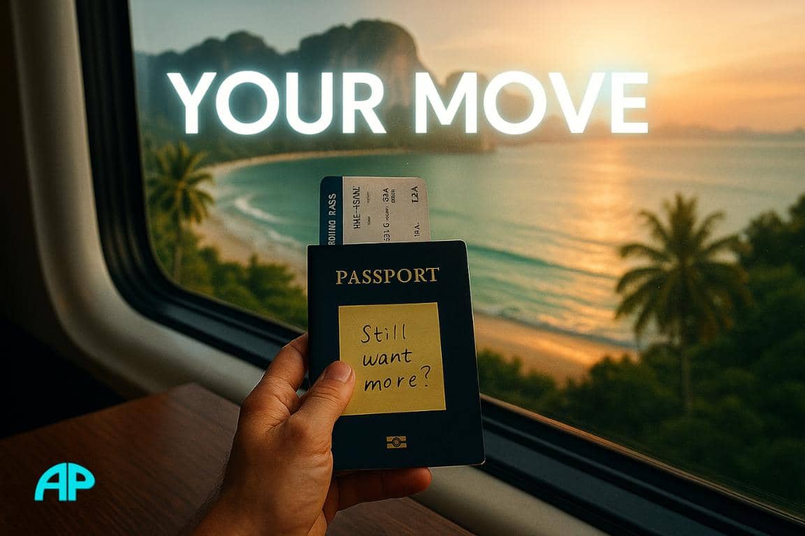 A passport with a boarding pass and a sticky note that reads “Still want more?” is held near a train window, overlooking a tropical coastline at sunrise. The glowing words Your Move are reflected in the glass.
