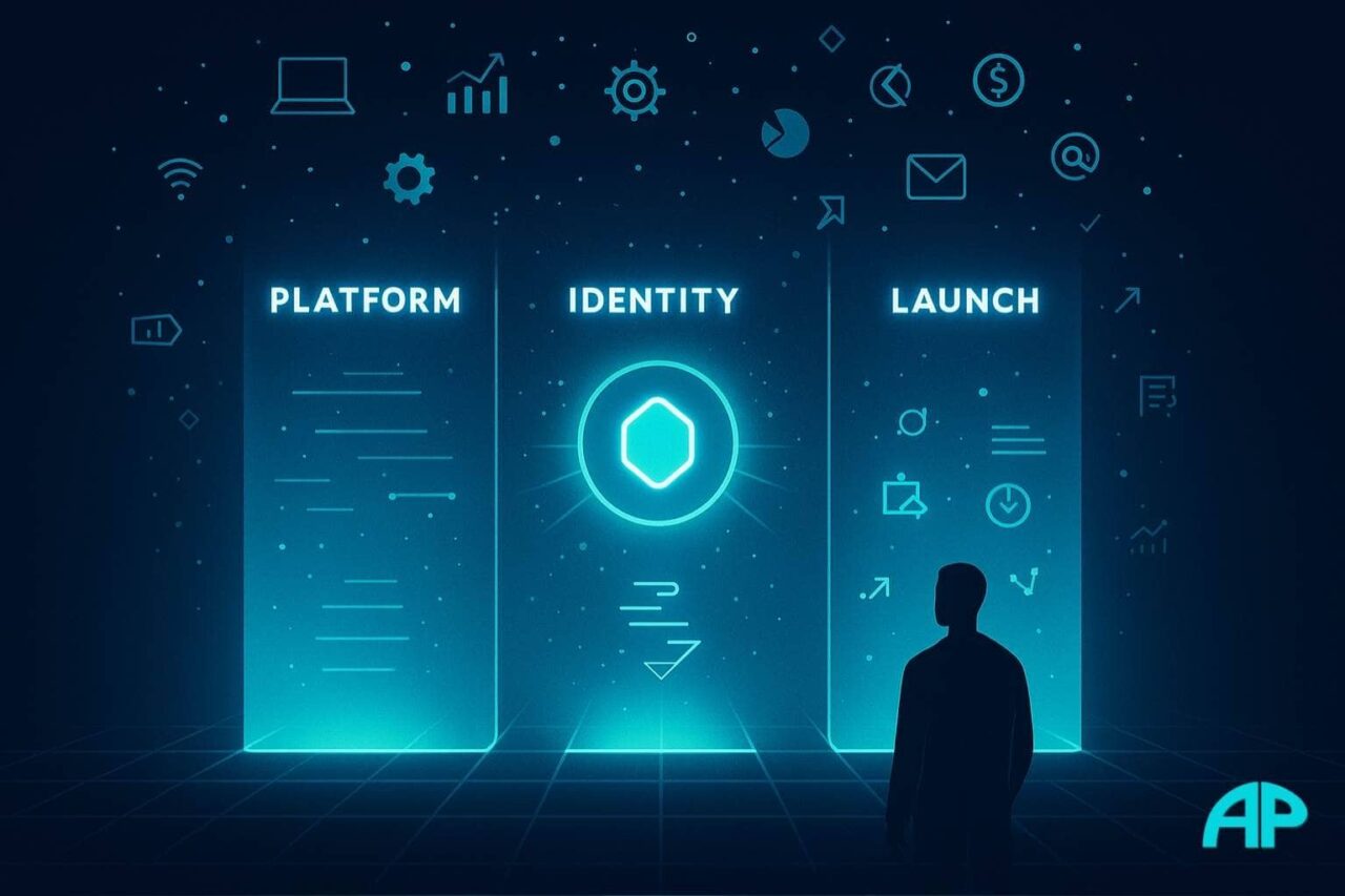 A faceless silhouette stands before three glowing neon pillars labeled Platform, Identity, and Launch, with floating icons above in a dark digital grid.