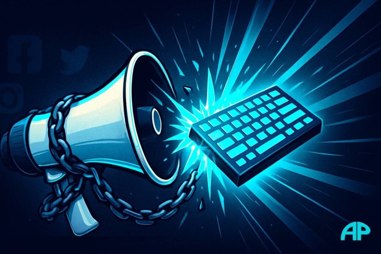 A glowing turquoise keyboard shattering the chains around a megaphone, symbolizing free speech and digital liberation.