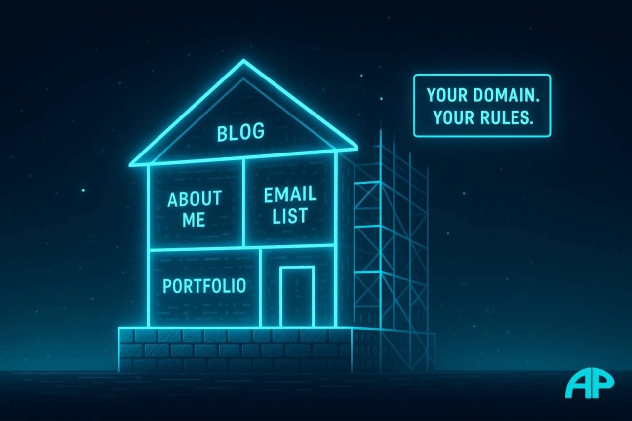 A digital house blueprint under construction symbolizing the foundation of personal branding, including blog, email list, and portfolio.