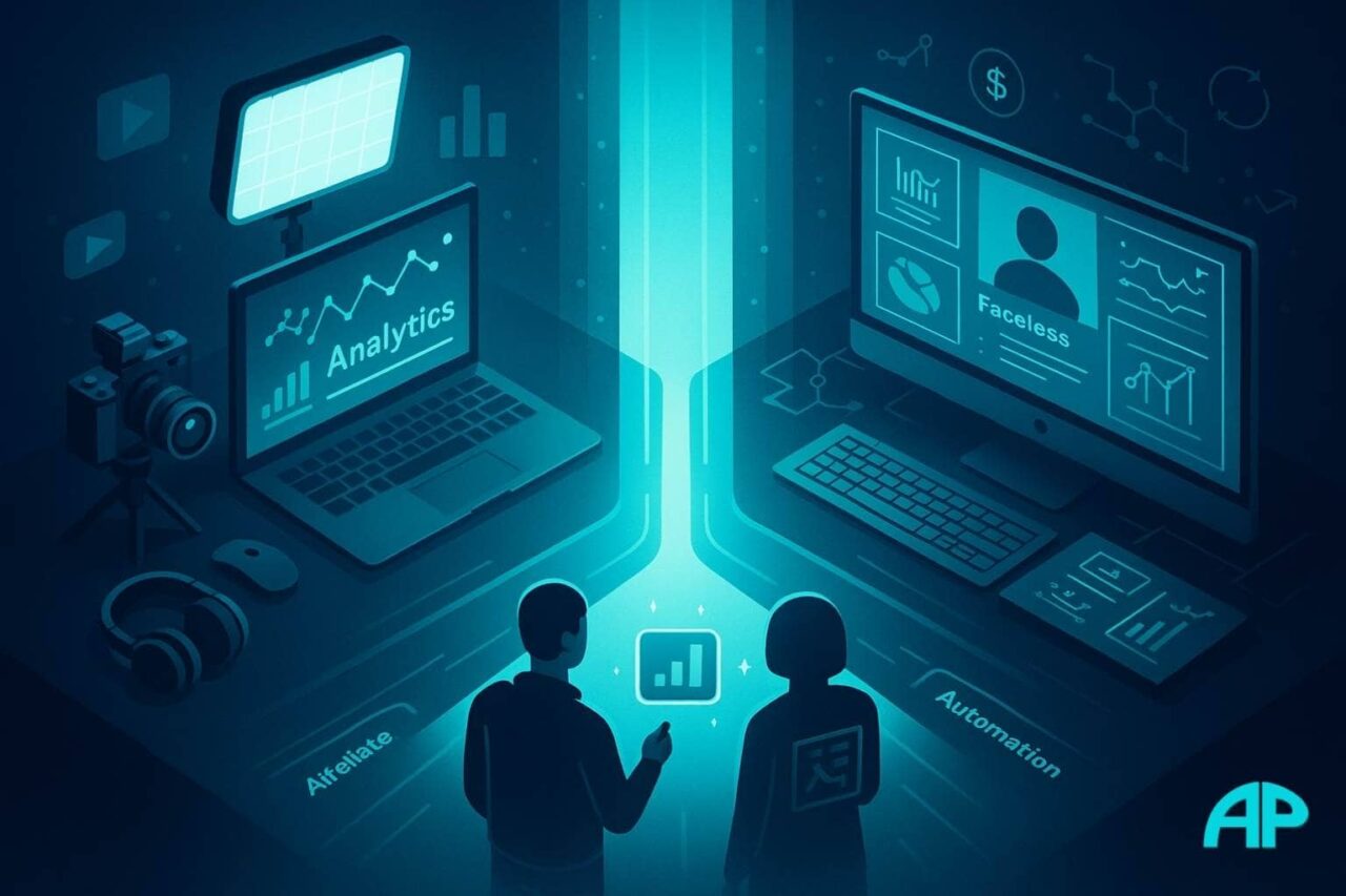 Vlog or Not to Vlog — two workstations show different creator paths: one for vlogging, one for faceless digital business, connected by a glowing bridge.