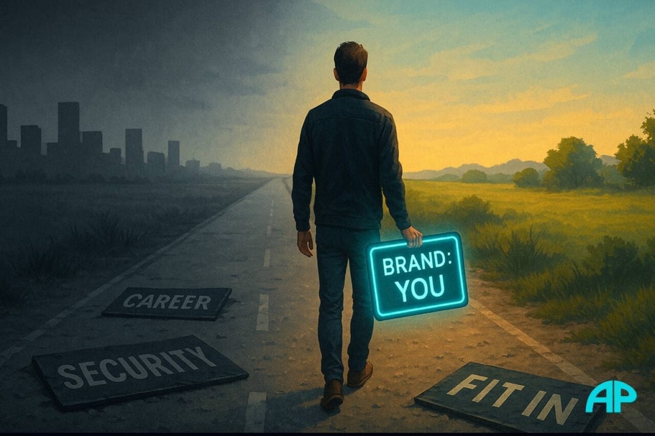 A man walks down a long road that splits two worlds. On the left: a grey, lifeless city with discarded signs labeled “Career,” “Security,” and “Fit In.” On the right: warm sunlight, open green fields, and a sense of possibility. He holds a glowing turquoise sign that reads “BRAND: YOU.”
