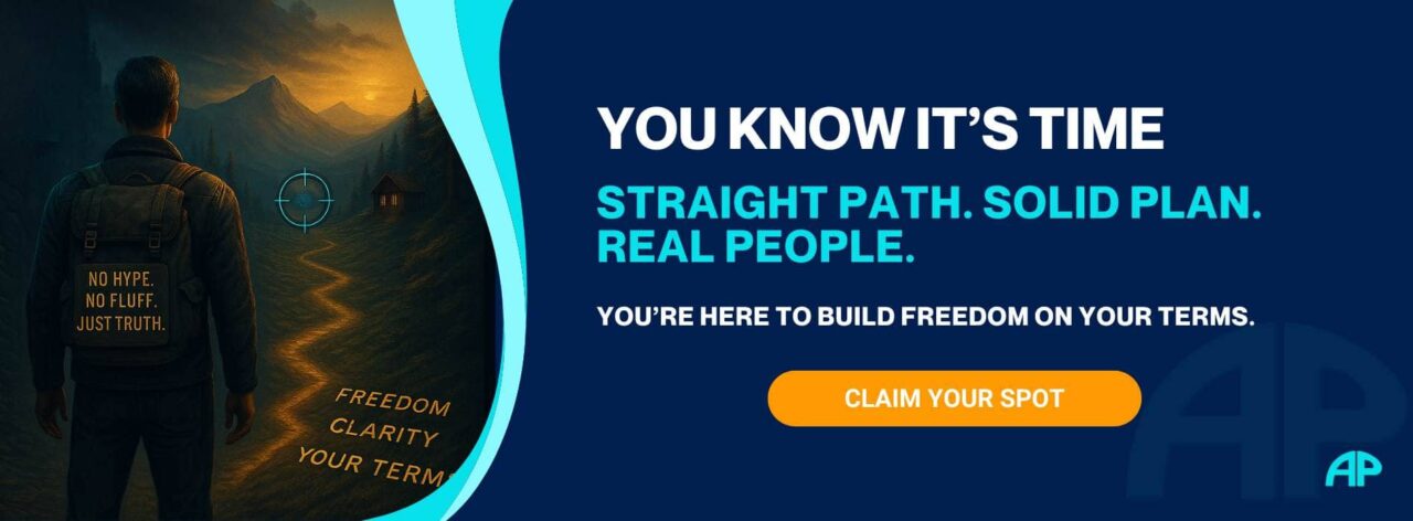 Man with backpack stands at dusk on a glowing forest path with the words “No Hype. No Fluff. Just Truth.” on his bag. Text overlay reads: “YOU KNOW IT’S TIME. STRAIGHT PATH. SOLID PLAN. REAL PEOPLE. CLAIM YOUR SPOT.”