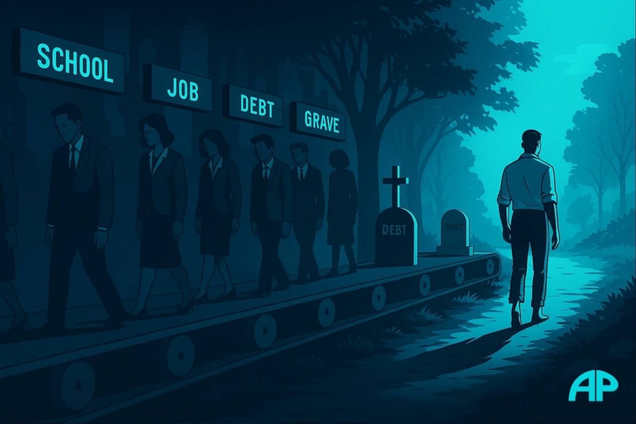 A man breaks free from the system by stepping off a digital conveyor belt marked school, job, debt, grave — heading barefoot into a glowing turquoise forest.