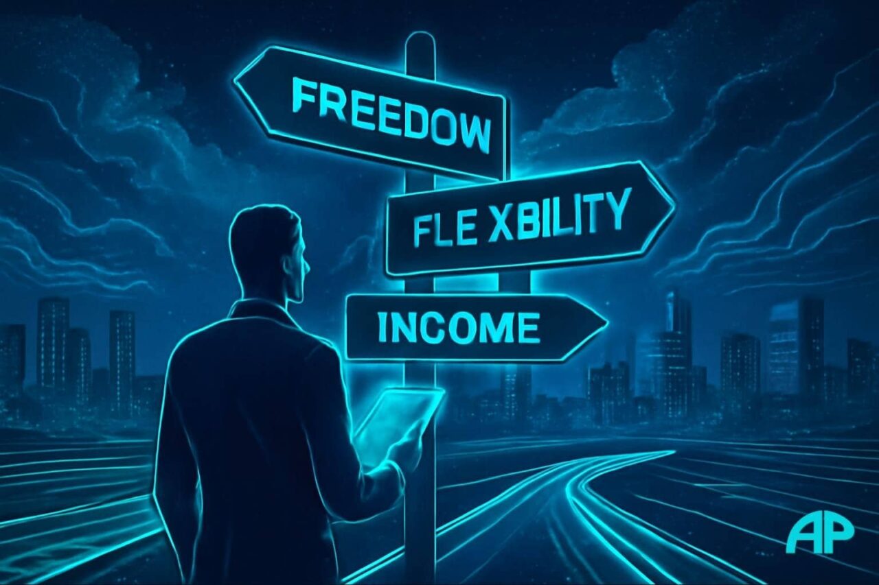 A business person stands at a crossroads in a futuristic city, holding a glowing tablet with neon signs pointing to "Freedom," "Income," and "Flexibility," symbolizing the journey of getting started in affiliate marketing.