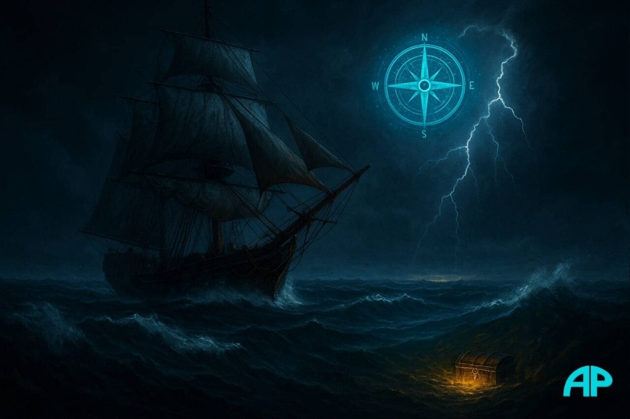 A storm-tossed sailing ship navigates dark ocean waves under lightning-filled skies, guided by a glowing turquoise compass, while a golden treasure chest glows just beneath the water's surface.