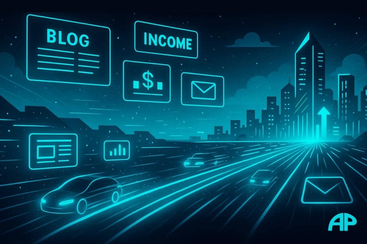 A neon-lit digital highway with glowing vehicles symbolizing website traffic, leading toward a futuristic city skyline. Floating icons for blogs, social media, email, and income represent strategies for getting started in affiliate marketing.