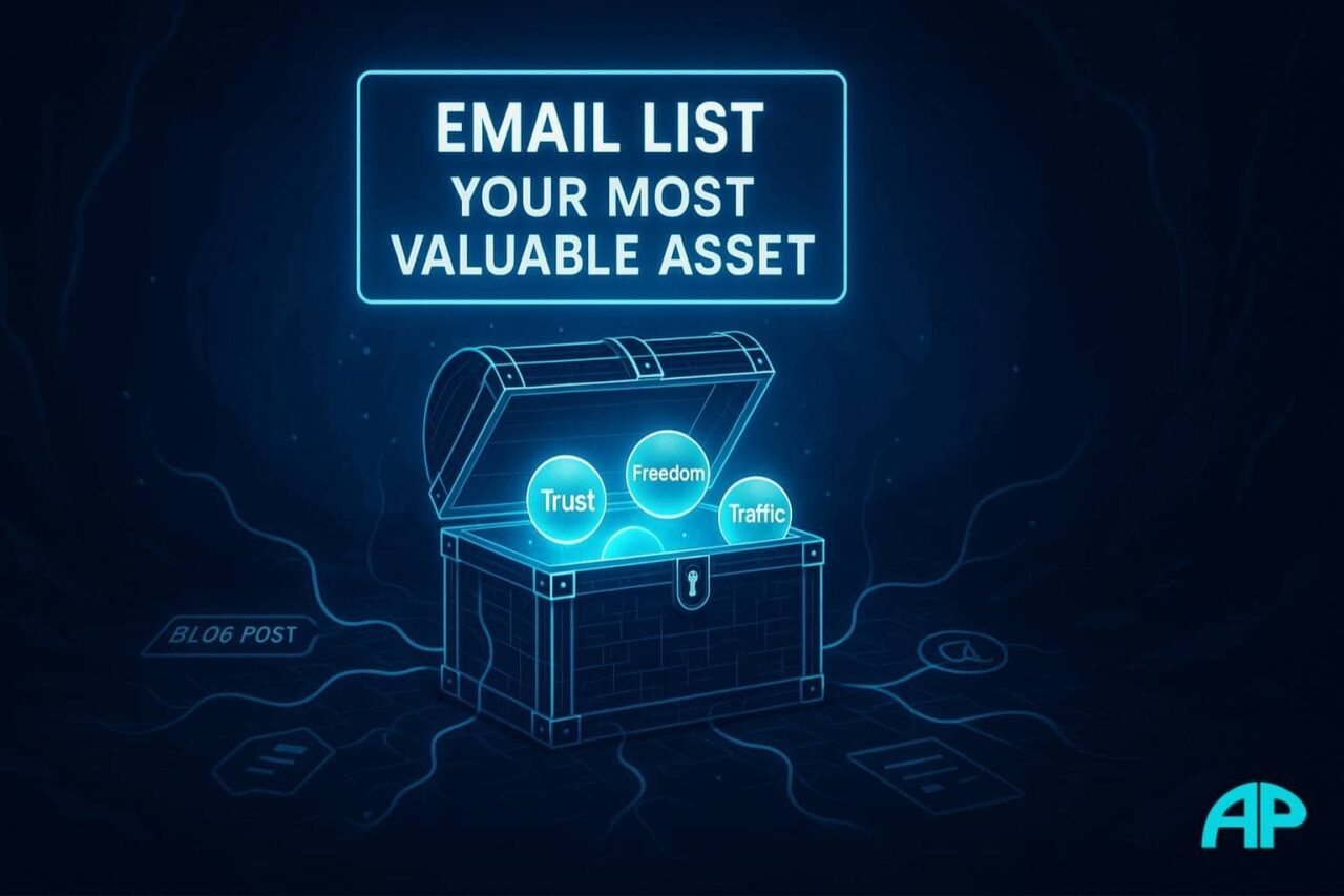 A glowing treasure chest filled with orbs labeled trust, engagement, freedom, and traffic—representing email list power in personal branding strategy.