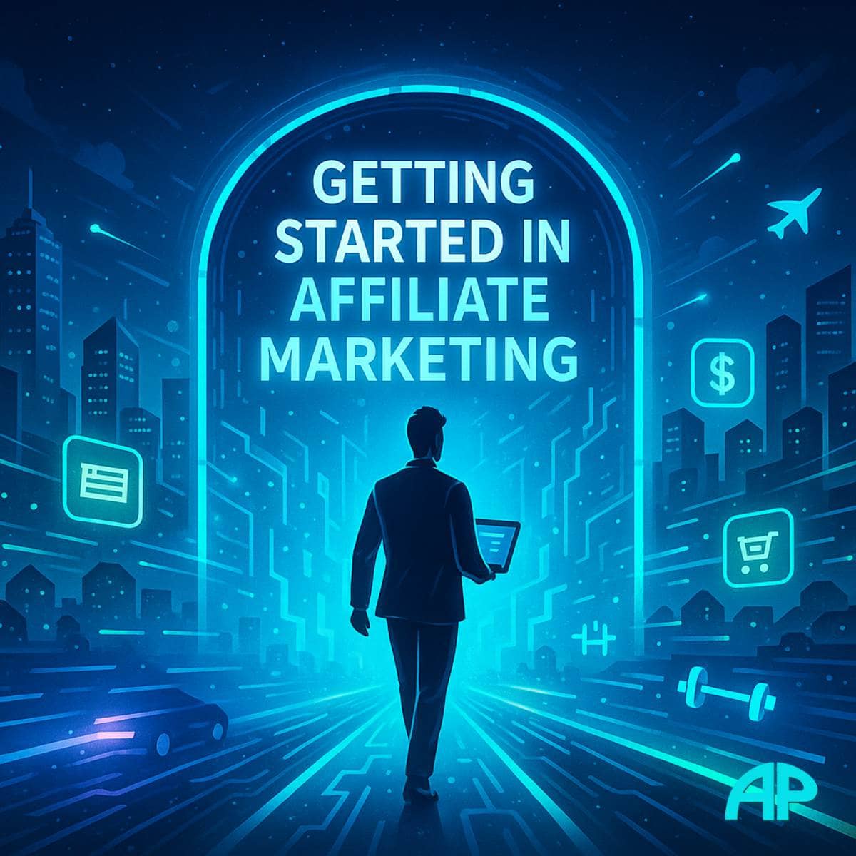 A business person steps through a glowing digital gateway labeled “Getting Started in Affiliate Marketing,” entering a neon-lit city with floating icons for different affiliate niches and data streams symbolizing online opportunities.