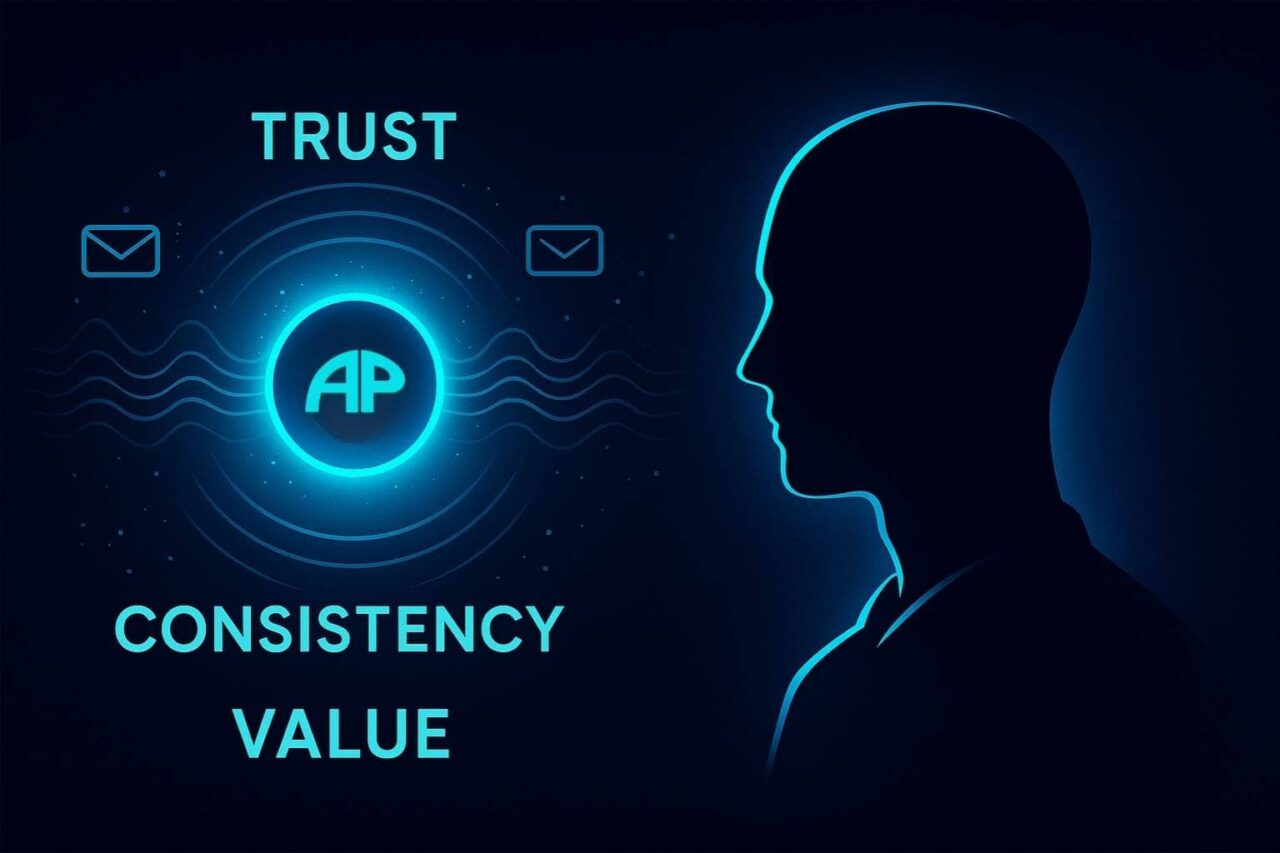 Faceless silhouette looking at a glowing brand orb labeled with “Trust,” “Consistency,” and “Value,” surrounded by sound waves and email icons.