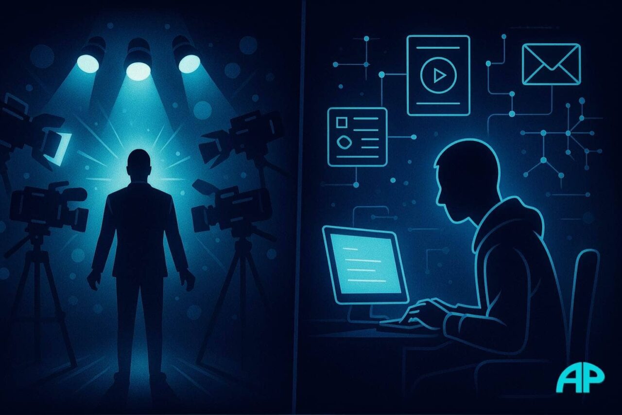 Split image showing a performer under bright lights on the left and a faceless digital strategist at a glowing workstation on the right, representing a faceless online business.