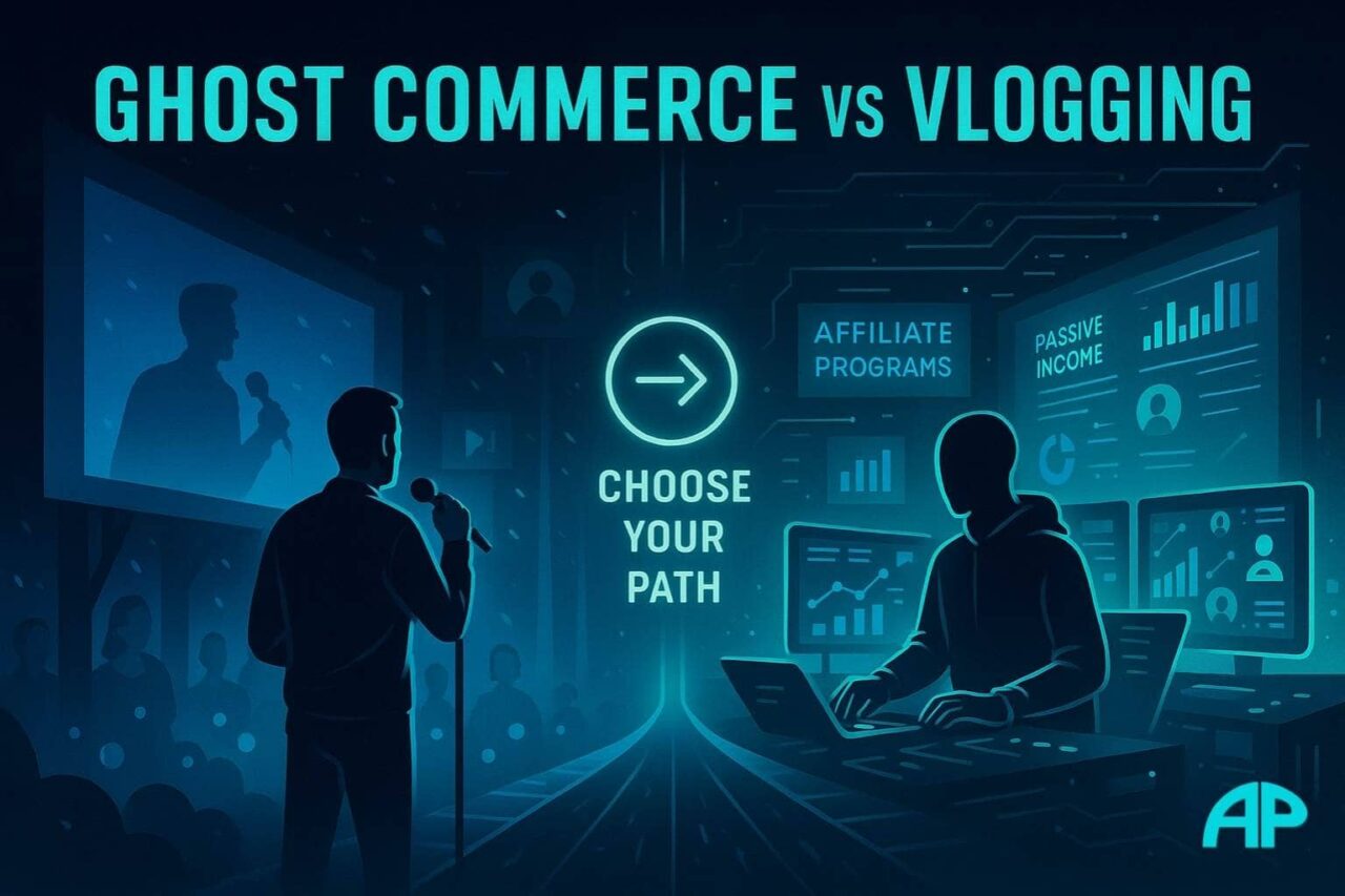 A split-screen digital image showing a vlogger on stage with a microphone and a faceless figure at a computer running affiliate dashboards, under the banner "Choose Your Path."