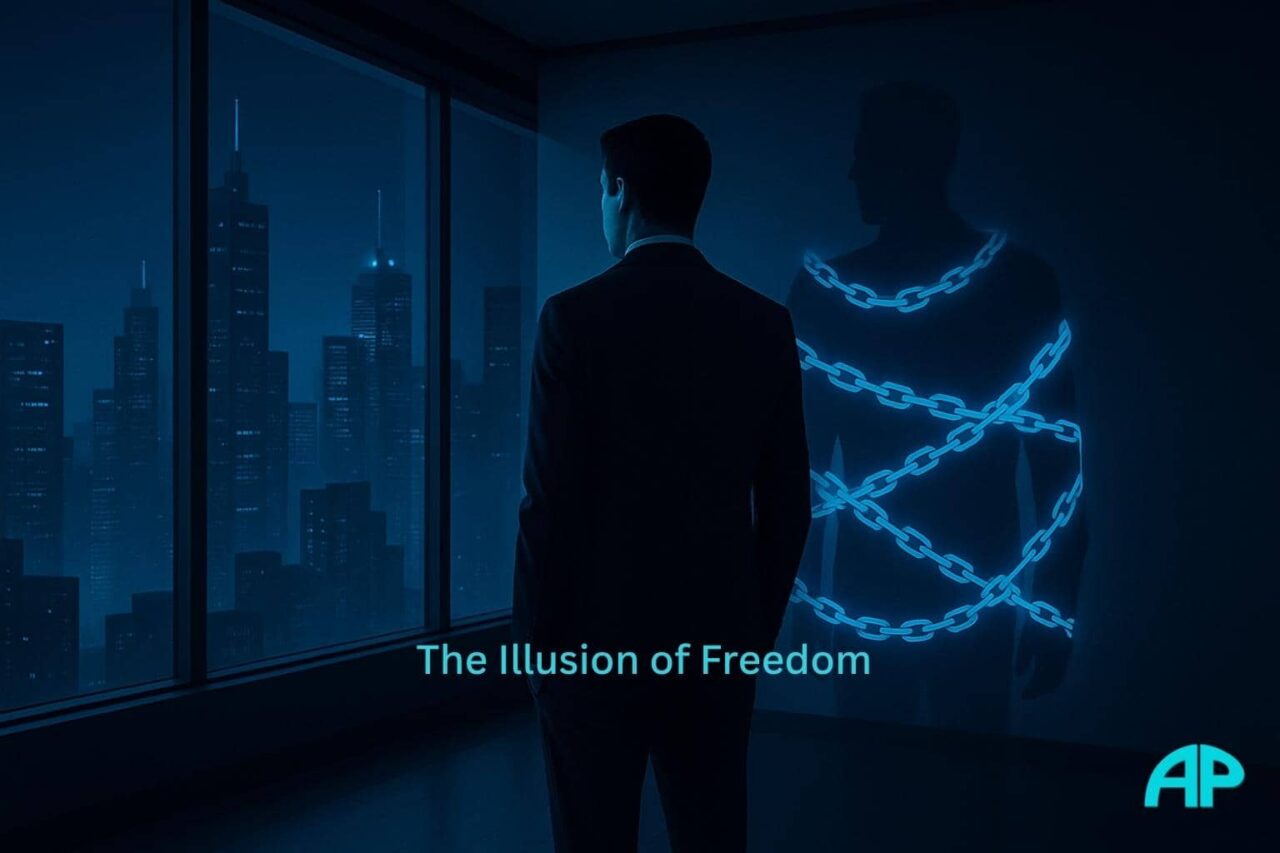A man in a dark high-rise apartment stares at the city skyline, his shadow wrapped in glowing digital chains — symbolizing the unseen restraints of success and the deep urge to break free from the system.