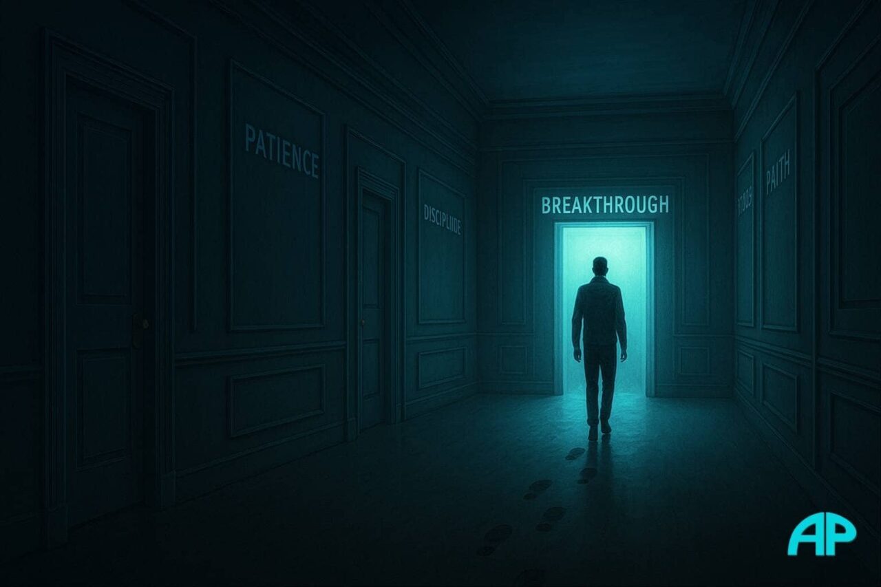 A man walks down a dark hallway lined with labeled doors such as “Patience” and “Discipline,” heading toward a glowing turquoise doorway marked “Breakthrough,” with illuminated footprints behind him.