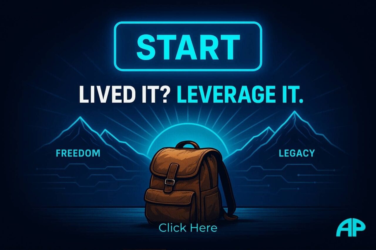 A motivational digital image of a rugged brown backpack on a desk, facing a neon blue sunrise. In the distance, futuristic mountain peaks are labeled “Freedom,” “Impact,” and “Legacy.” The phrase “LIVED IT? LEVERAGE IT.” is centered boldly in white and turquoise, set against a dark navy backdrop with glowing data lines.